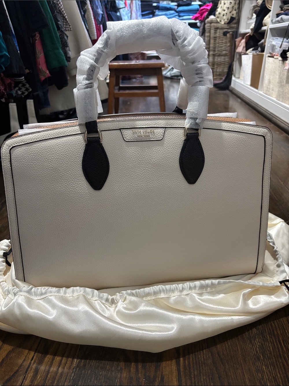 kate spade Cream Pebbled Leather Satchel with Black Trim Accents